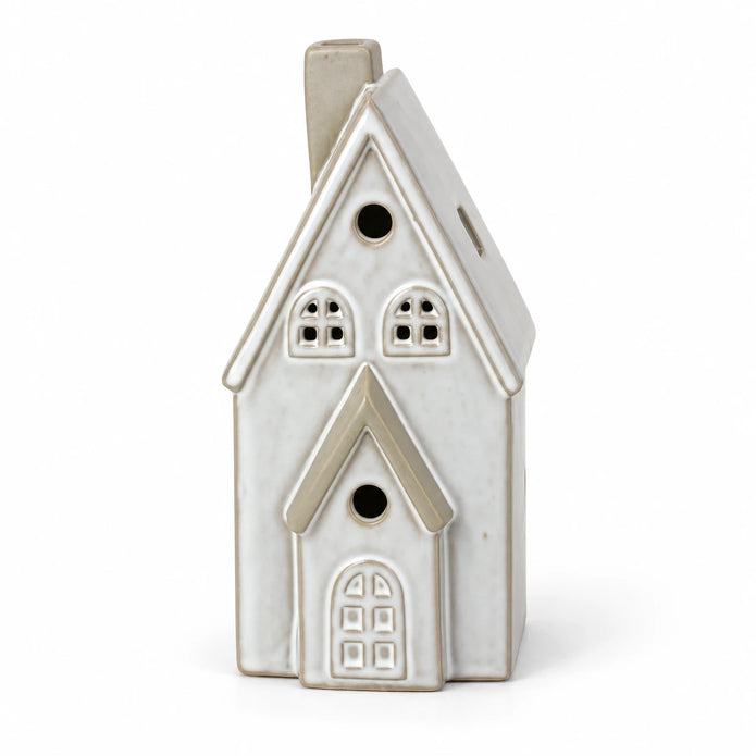Satchville white glazed ceramic LED Christmas house light, 17cm, on a white studio background