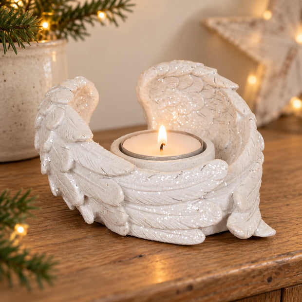 White glitter angel wing candle holder by Something Different Wholesale for Christmas décor