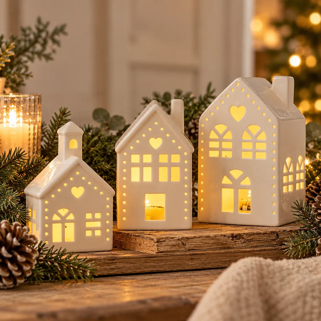 Three white ceramic LED Christmas houses glowing among evergreen foliage and natural wood