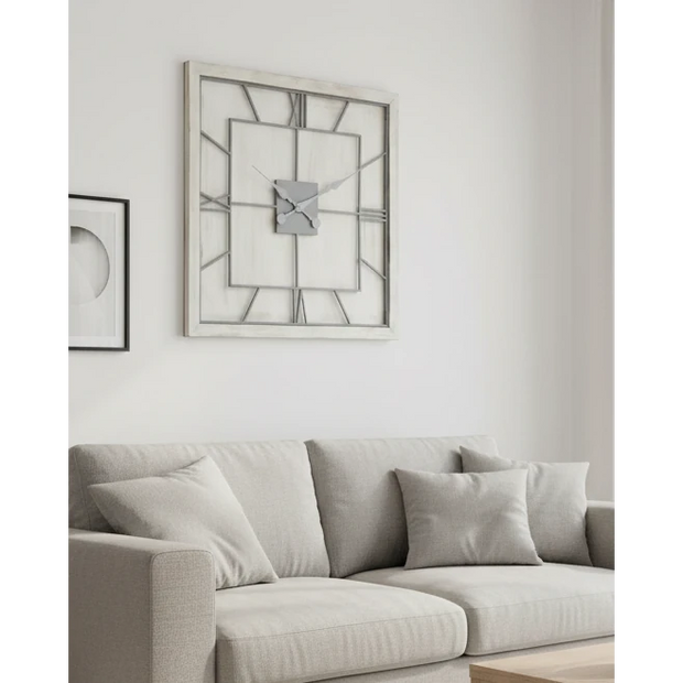 White large square wooden Williston wall clock by Hill Interiors, featuring a minimalist design and natural wood finish.