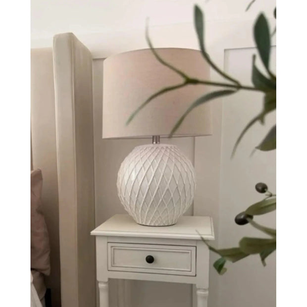 White lattice ceramic lamp by Hill Interiors, 60cm tall, showcasing intricate lattice design, ideal for stylish lighting decor.