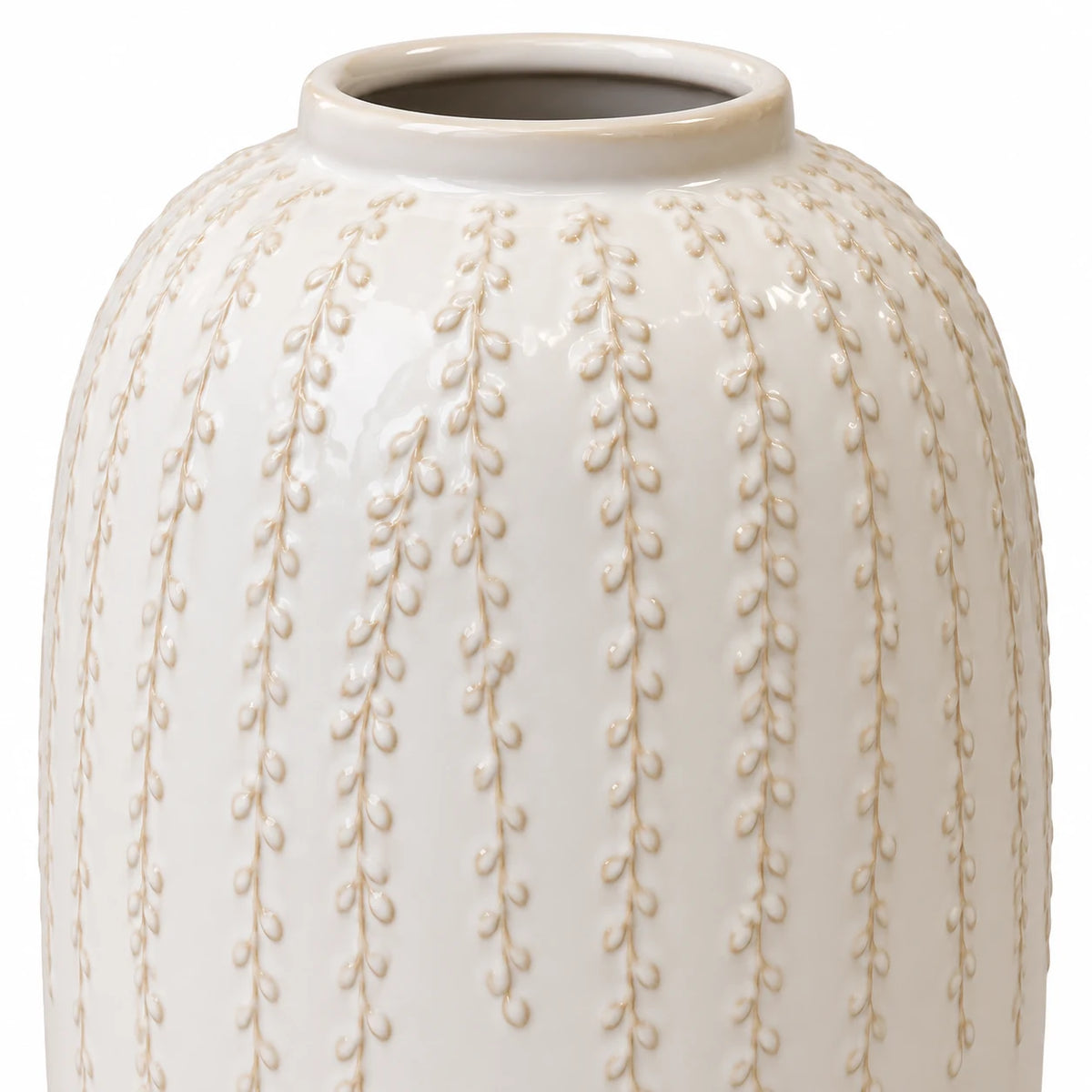Large warm white ceramic leaf vase, 29cm tall, close-up of the glazed trailing leaf detail on white.