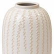 Large warm white ceramic leaf vase, 29cm tall, close-up of the glazed trailing leaf detail on white.