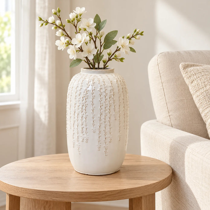 Large warm white ceramic leaf vase styled with white blossom on a pale oak side table beside a cream linen armchair.