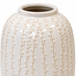 Medium warm white ceramic leaf vase, 24cm tall, close-up of the glazed trailing leaf detail on white.