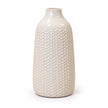 Medium white leaf-patterned ceramic bottle vase on a white studio background