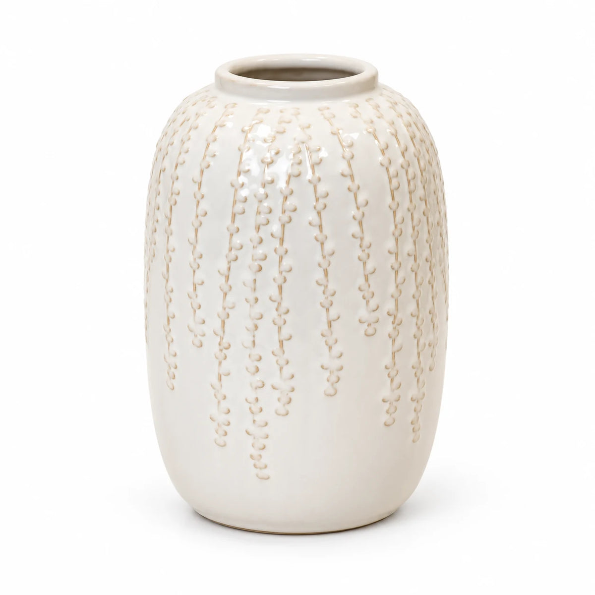 Medium warm white ceramic leaf vase, 24cm tall, complete empty vase on a white studio background.