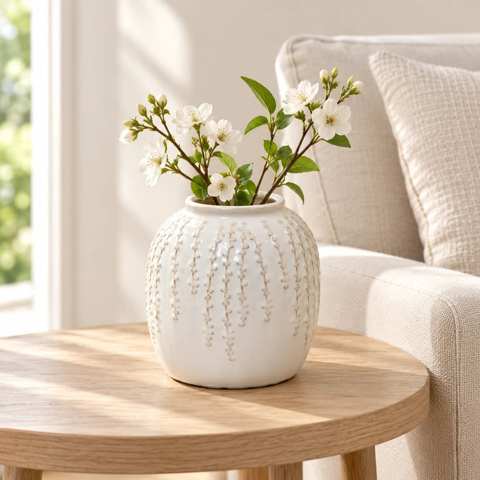 Small warm white ceramic leaf vase styled with white blossom on a pale oak side table beside a cream linen armchair.