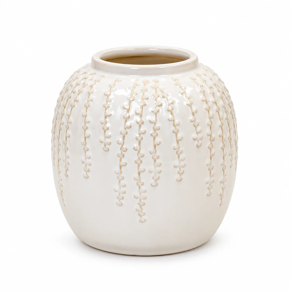 Small warm white ceramic leaf vase, 18cm tall, complete empty vase on a white studio background.