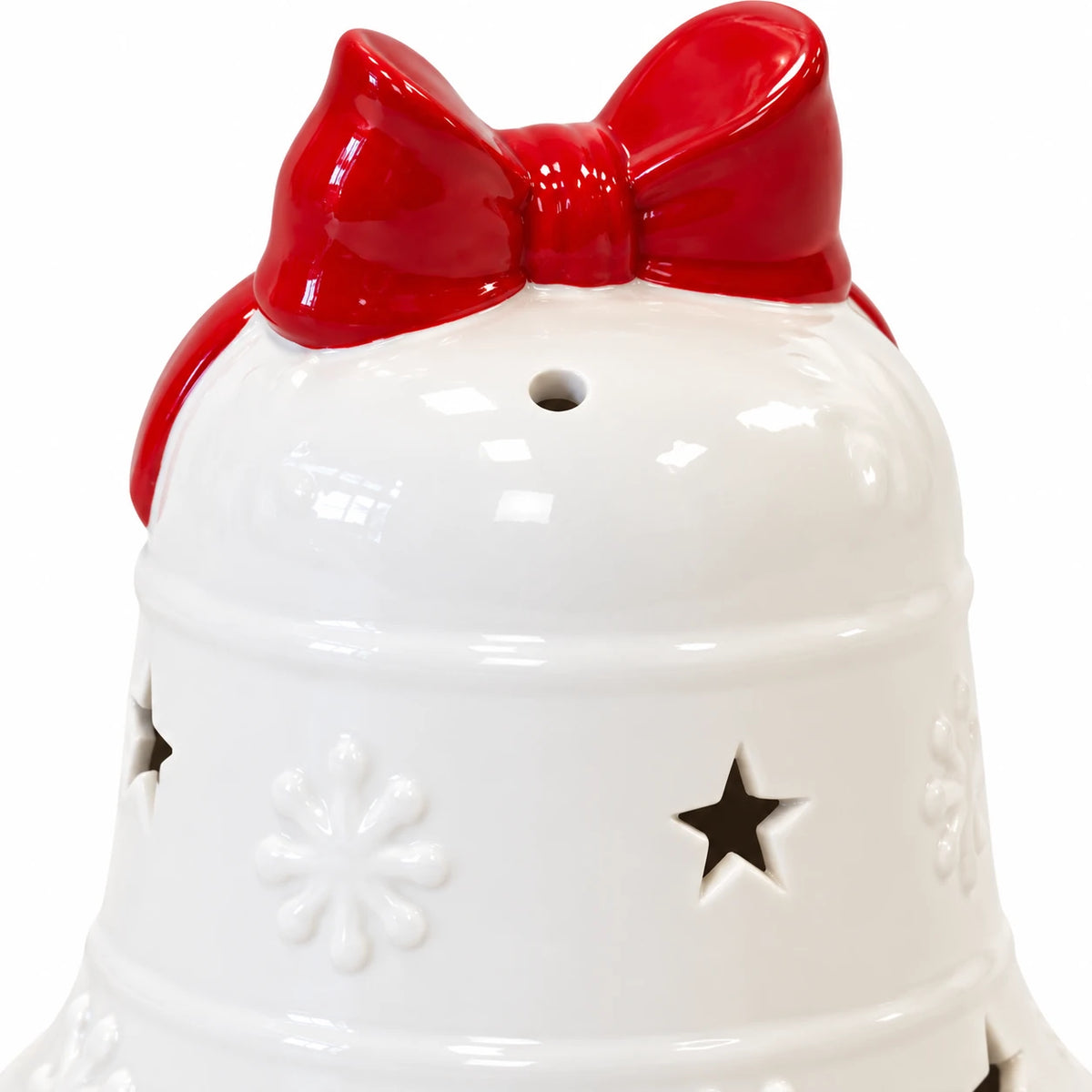 Satchville white Christmas LED bell with red bow detail