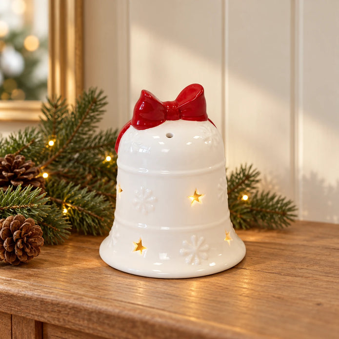 Satchville white Christmas LED light-up bell with red bow decoration