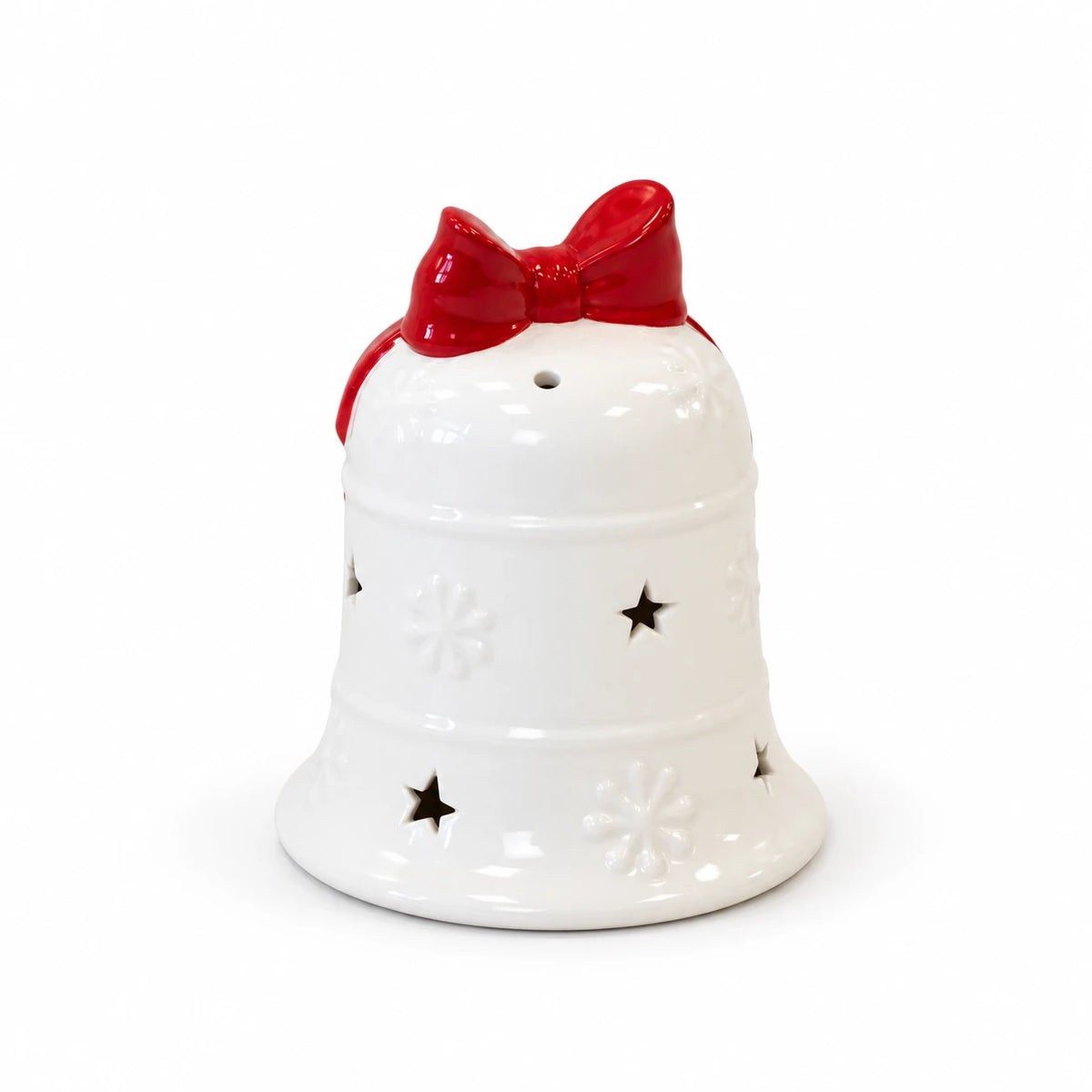 Satchville white Christmas LED light-up bell with red bow on white background