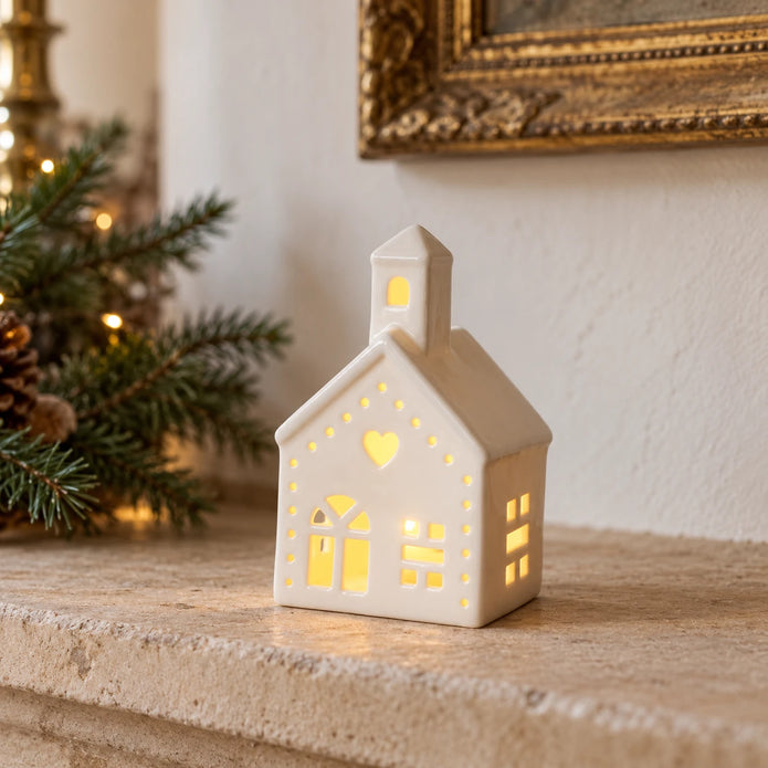 White Light Up LED Christmas Church by Gainsborough Giftware x Portland Living on a mantelpiece