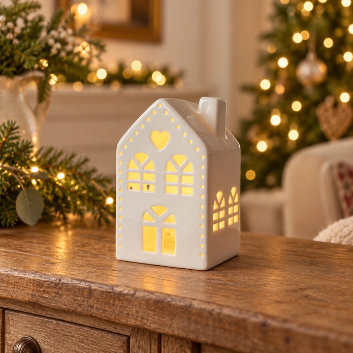 White large LED Christmas house with heart design by Gainsborough Giftware x Portland Living
