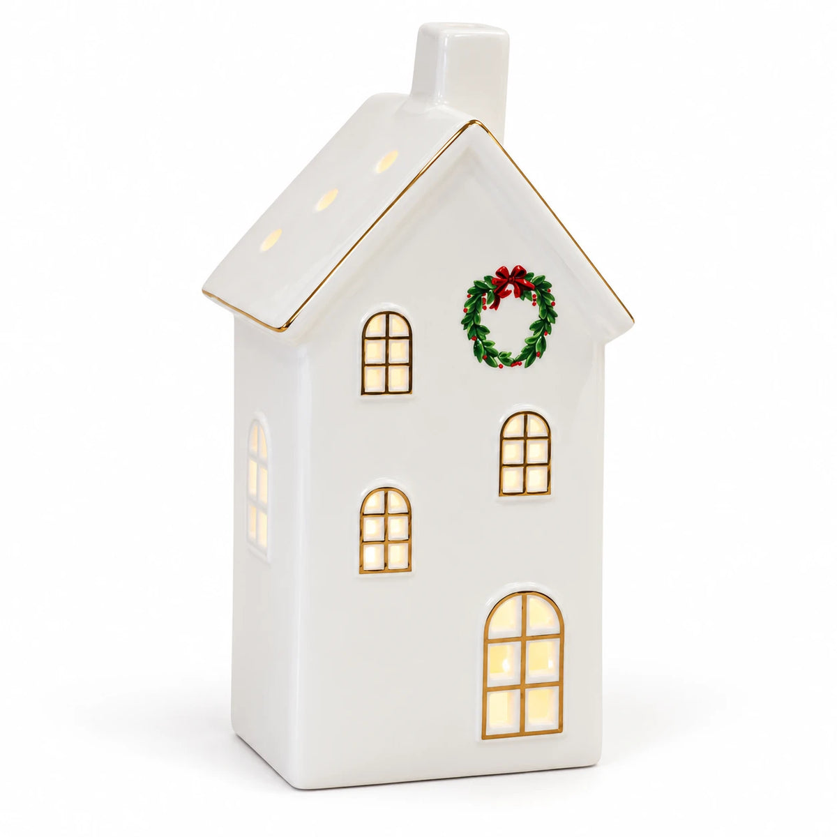 Large white LED house with wreath and gold-trimmed windows on white
