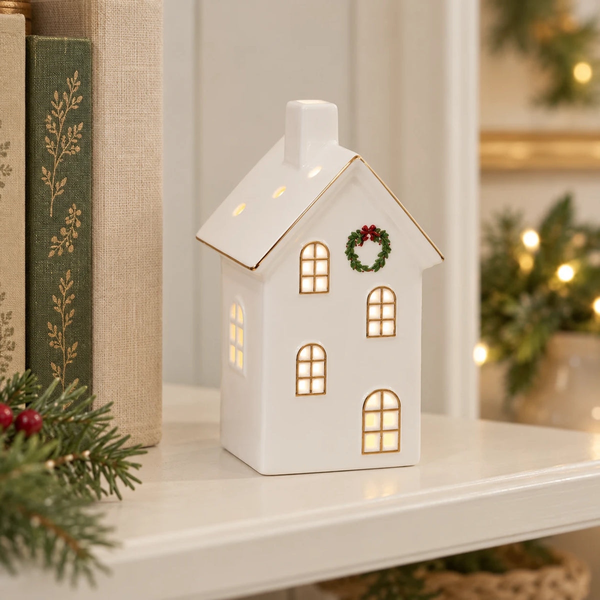 Medium white LED Christmas house styled beside books on a cream shelf