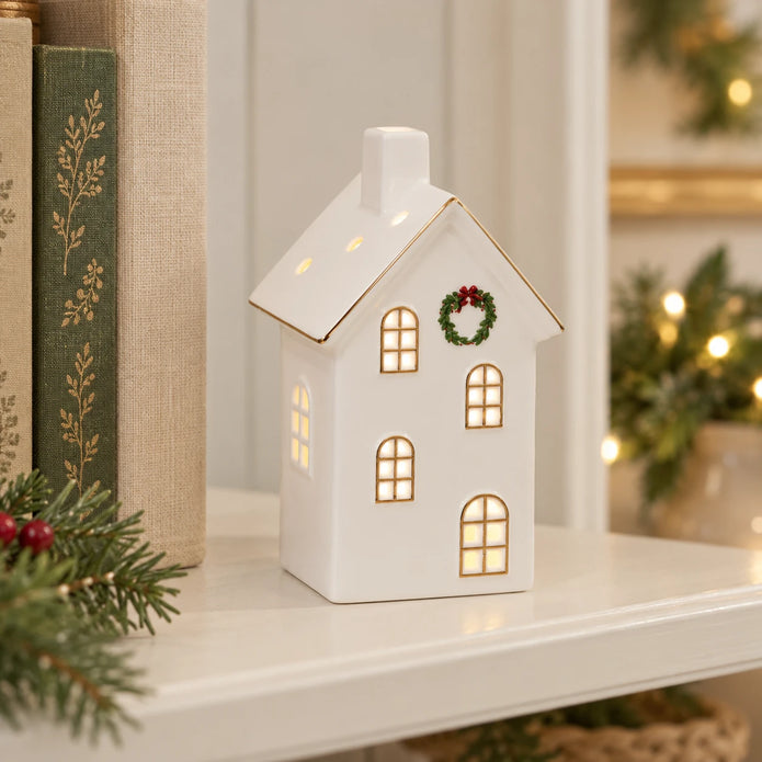 Medium white LED Christmas house styled beside books on a cream shelf