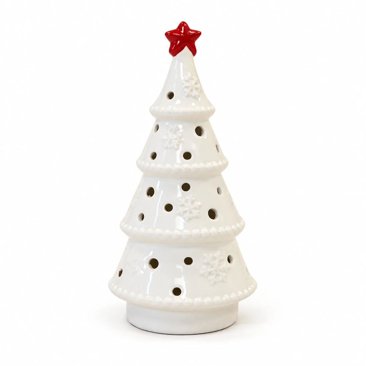 Full white studio view of the white ceramic tree with red star, LED switched off.