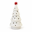 Full white studio view of the white ceramic tree with red star, LED switched off.