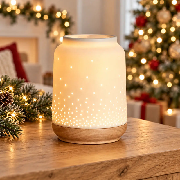 White ceramic Widdop & Co Loire wax melt and oil electric burner with fairy lights
