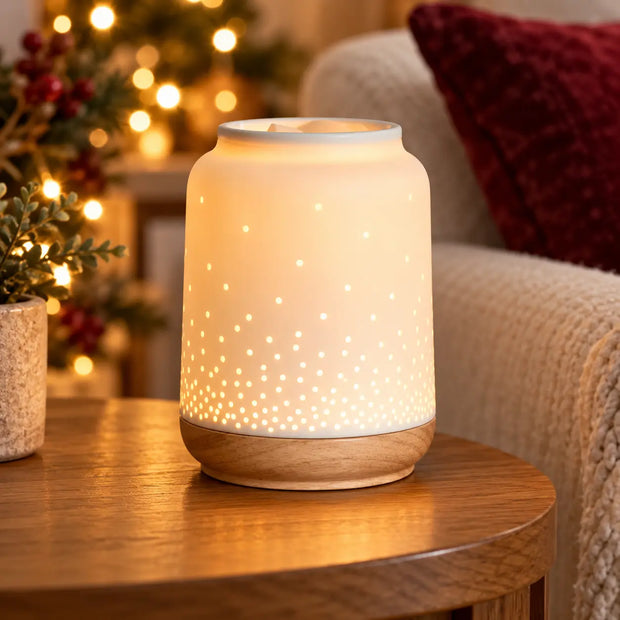 White ceramic Widdop & Co Loire wax melt and oil electric burner with fairy lights