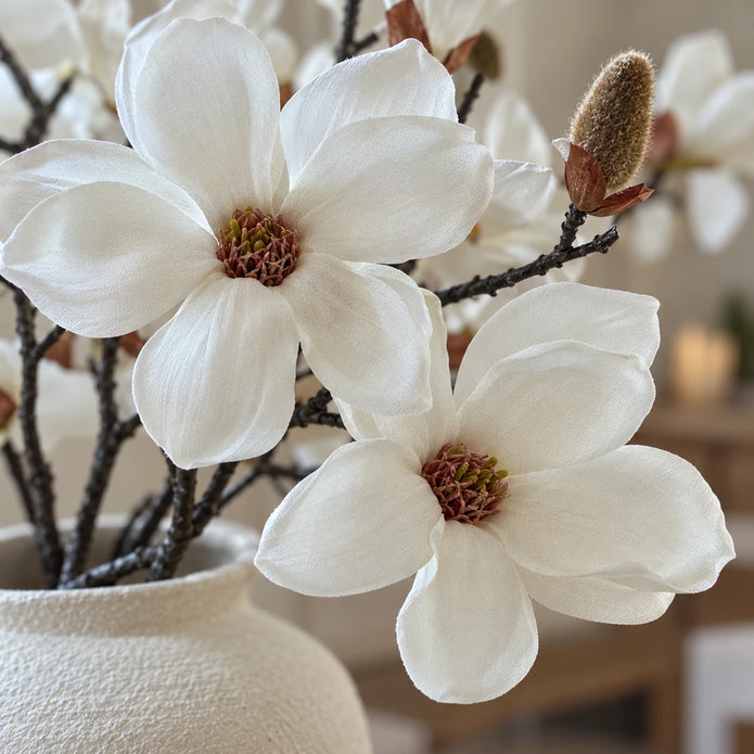 Artificial white magnolia branch stem by Hill Interiors with realistic blossoms and green leaves