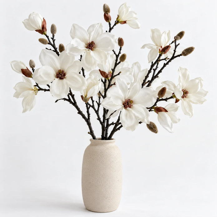 Hill Interiors artificial white magnolia branch stem in a studio arrangement