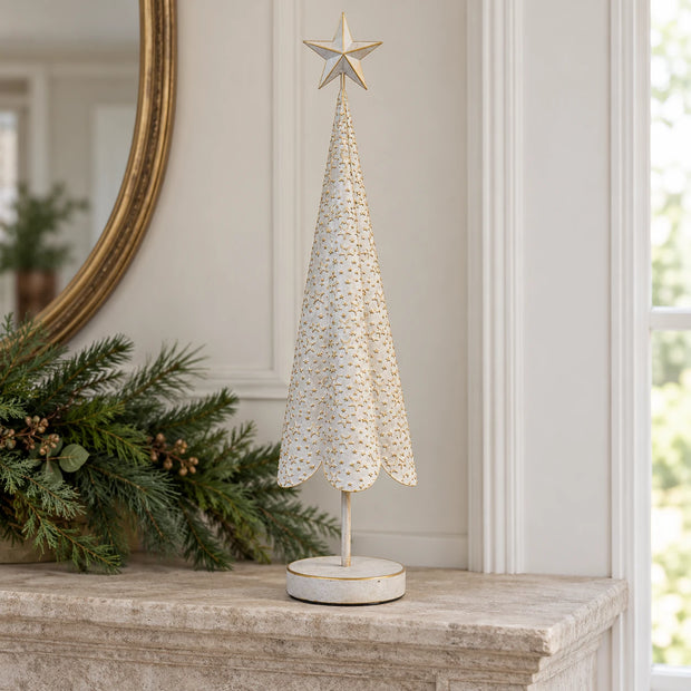 White metal Christmas tree with gold stars, extra large size, designed for festive holiday decoration by Satchville.
