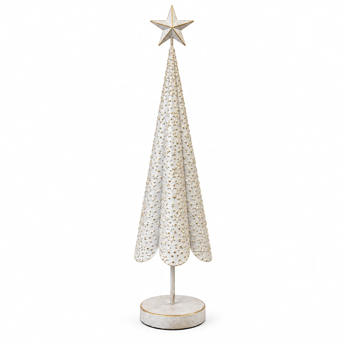 Complete extra large white metal Christmas tree with gold stars and round base on white.