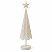 Front view of the large white metal Christmas tree with gold stars on a white background