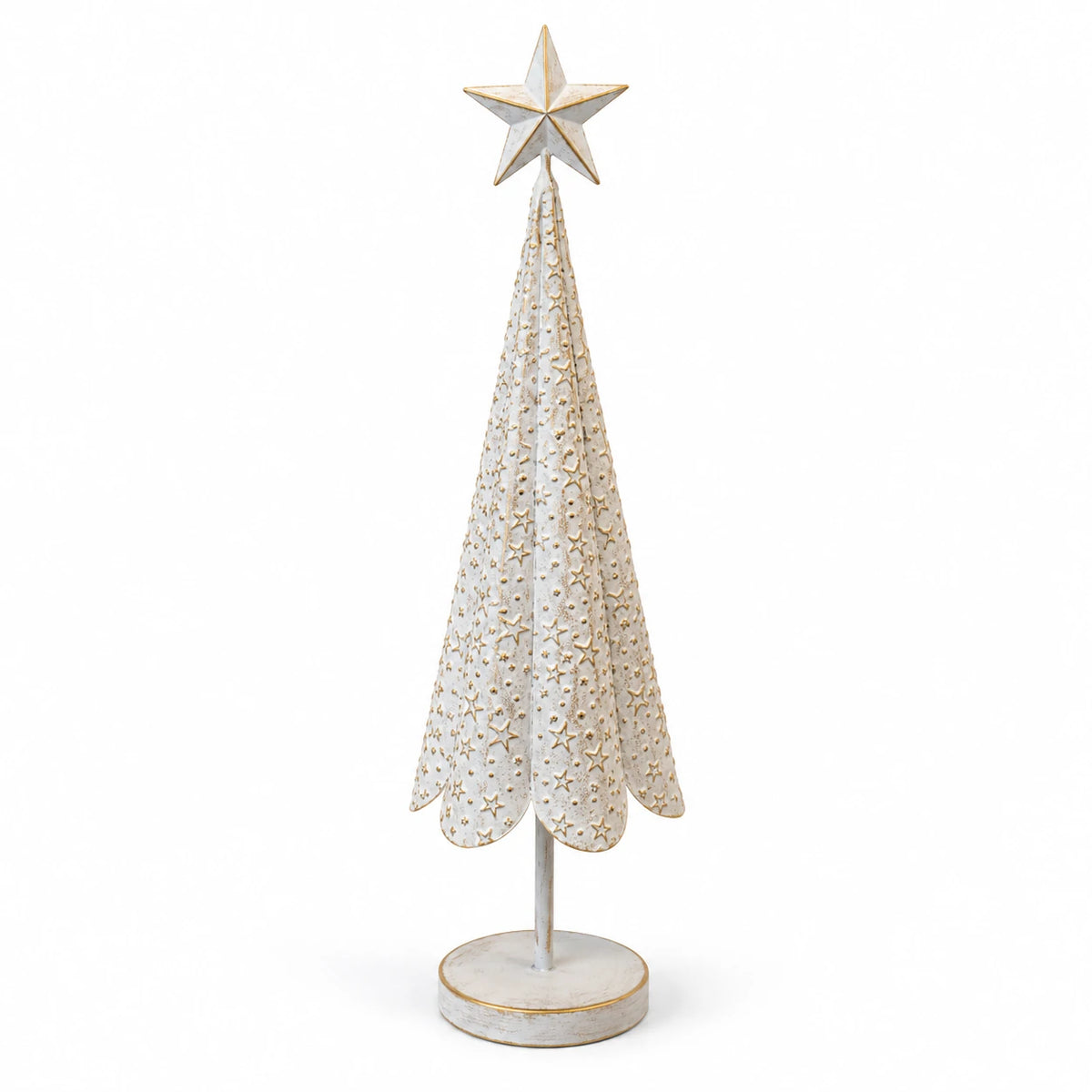 Angled studio view of the large white metal Christmas tree and round base