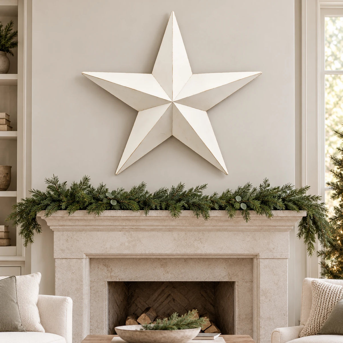 White faceted metal star above a pale stone Christmas fireplace