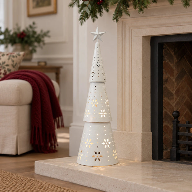 White metal LED Christmas tree with lights, large size, festive holiday decoration by Satchville, perfect for seasonal decor