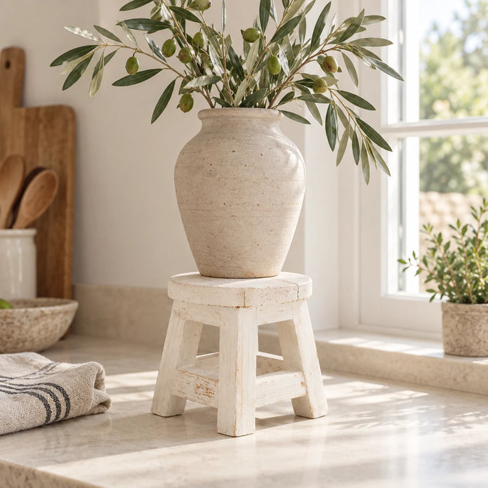 White mini stool used as a kitchen riser beneath a large stone-coloured vase of olive foliage.