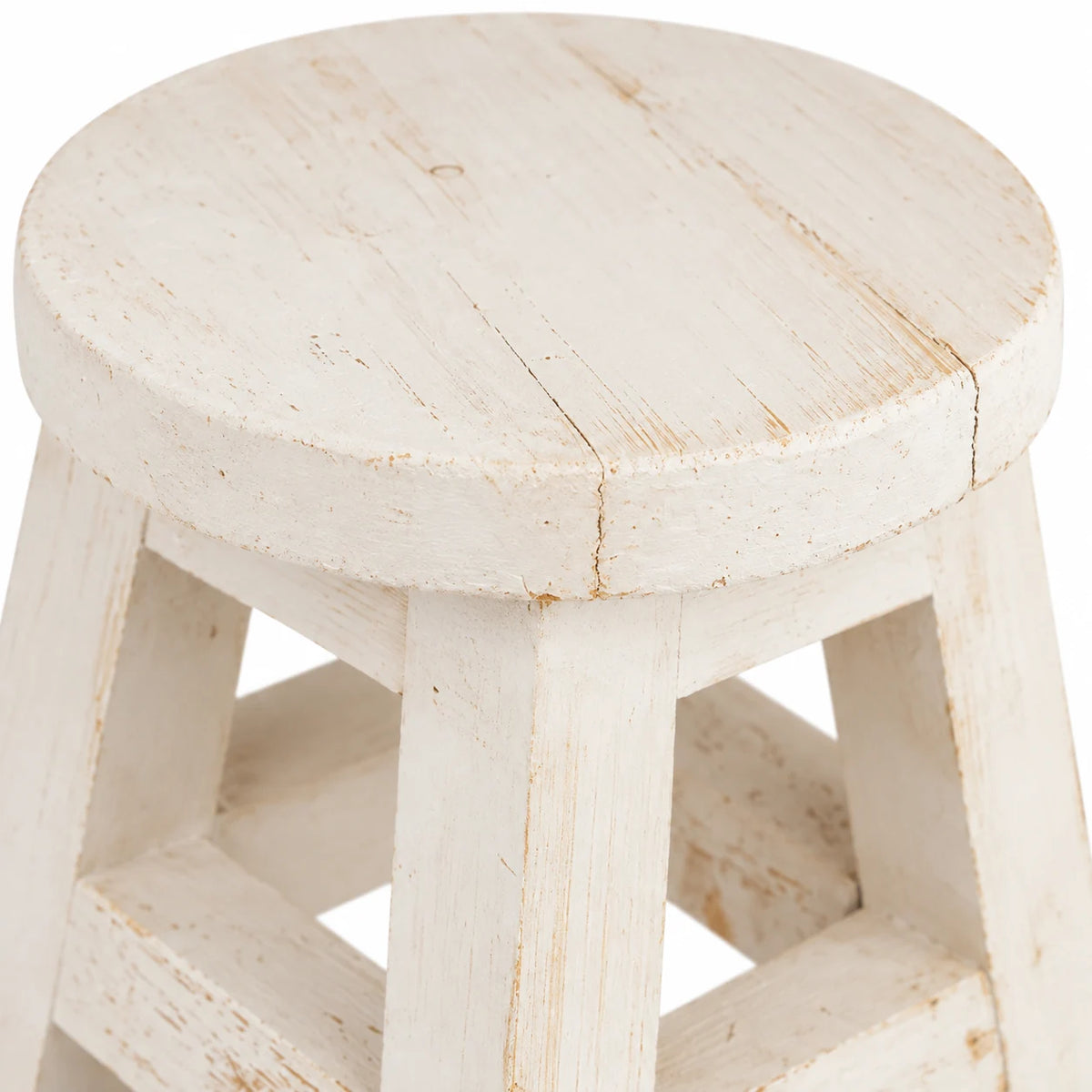 Close-up of the white mini stool’s round top and rim, showing painted grain and fine surface cracks.