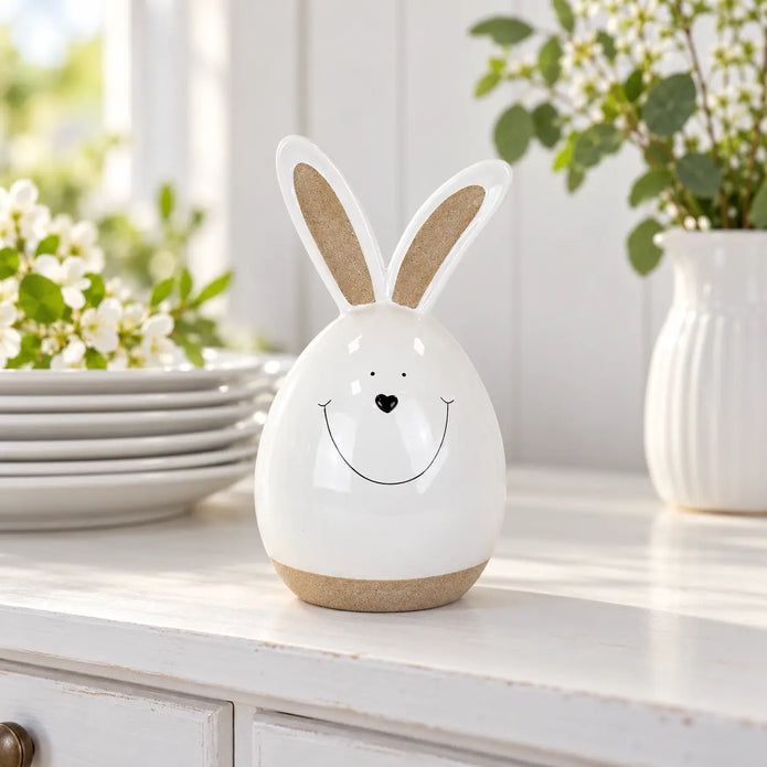 White ceramic rabbit beside stacked white plates on a kitchen dresser.