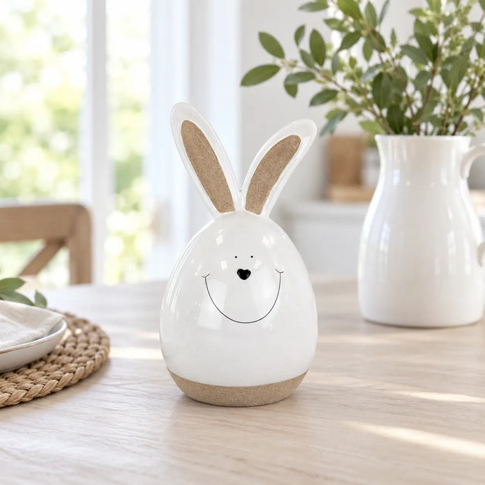 White ceramic rabbit on a spring breakfast table beside a jug of greenery.