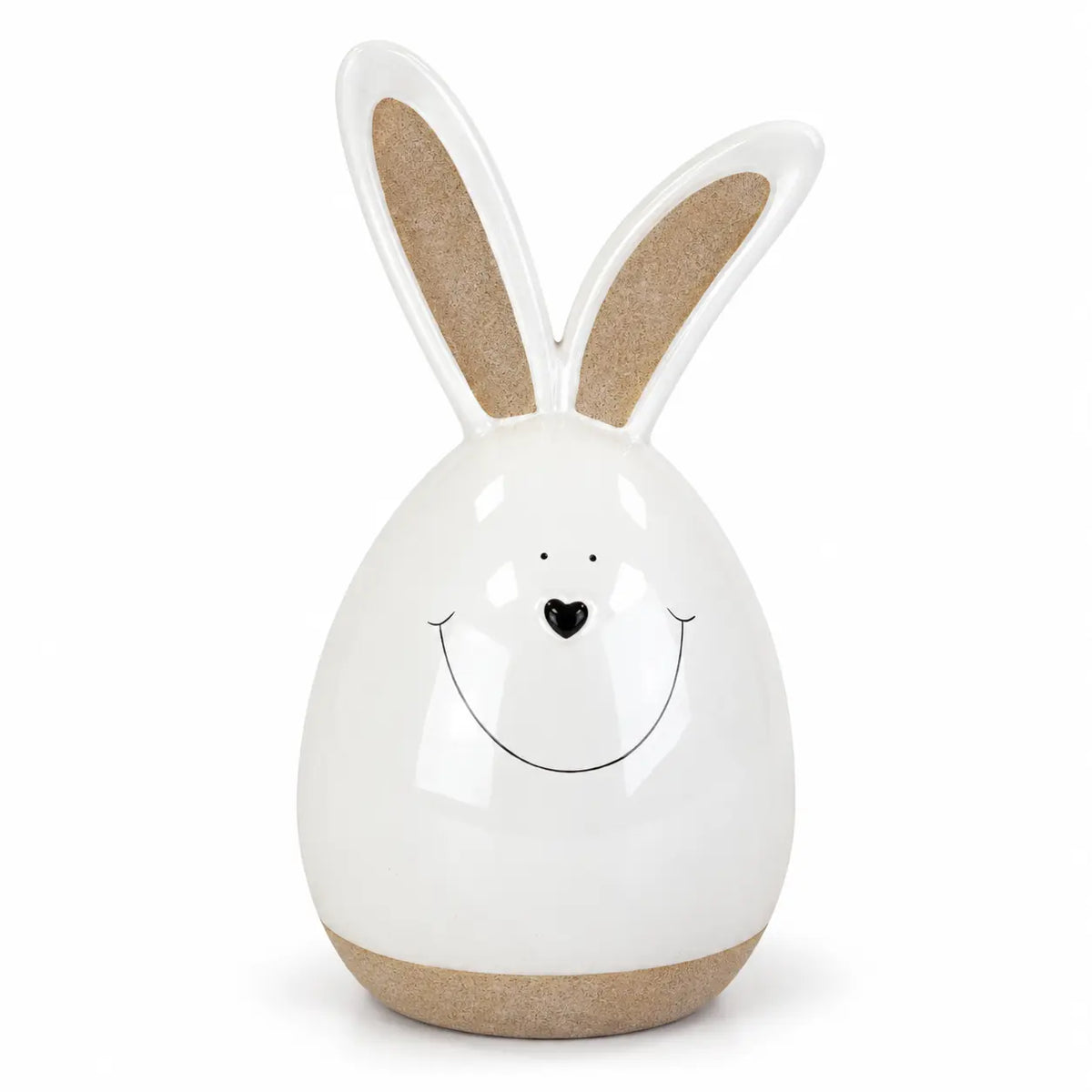 White ceramic rabbit with beige ears and base isolated on white.