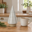 White ceramic ribbed Christmas tree ornament by Satchville, medium size, with textured ribbed surface, perfect for holiday decor.