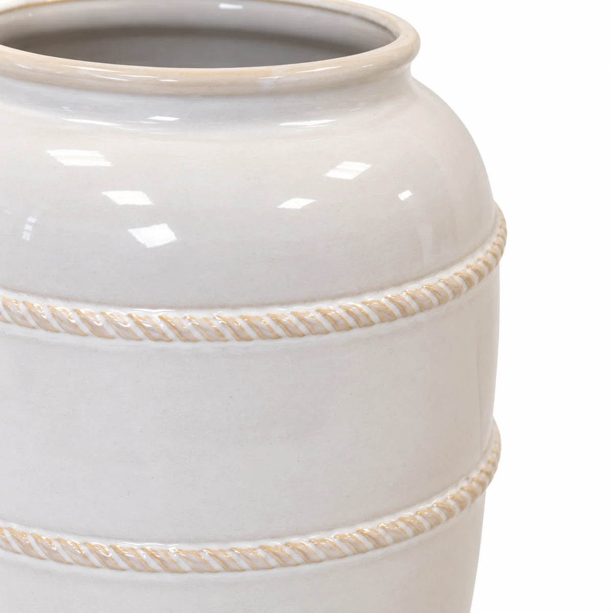 extra-large white rustic ceramic vase, 20 × 20 × 29 cm, band detail, empty vase on white background