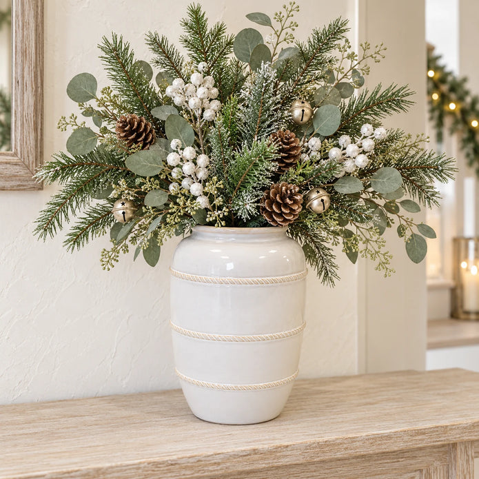 extra-large white rustic ceramic vase, 20 × 20 × 29 cm, console with neutral foliage, white berries, champagne bells and pine cones