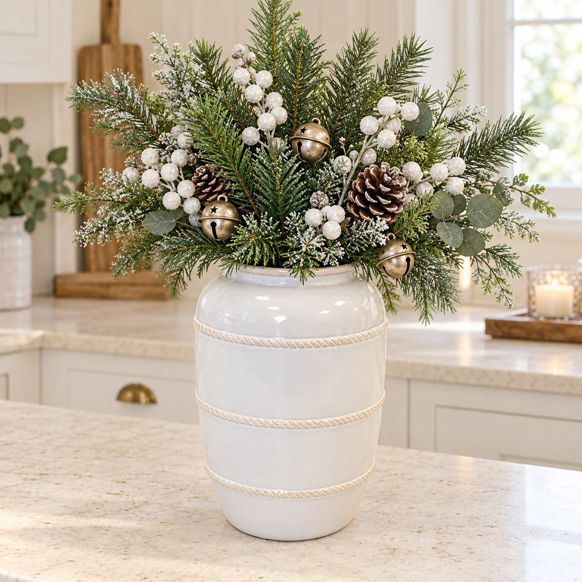 extra-large white rustic ceramic vase, 20 × 20 × 29 cm, kitchen with neutral foliage, white berries, champagne bells and pine cones