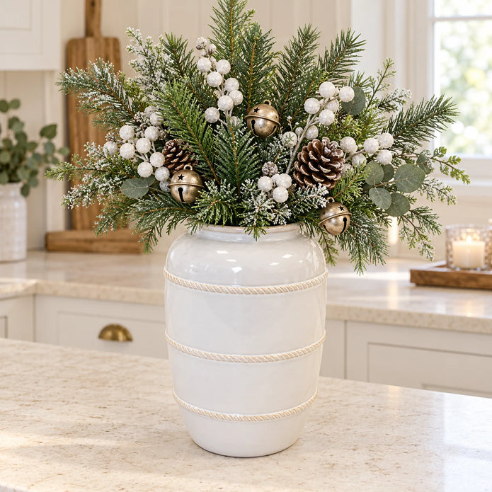 extra-large white rustic ceramic vase, 20 × 20 × 29 cm, kitchen with neutral foliage, white berries, champagne bells and pine cones