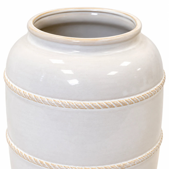 extra-large white rustic ceramic vase, 20 × 20 × 29 cm, rim detail, empty vase on white background