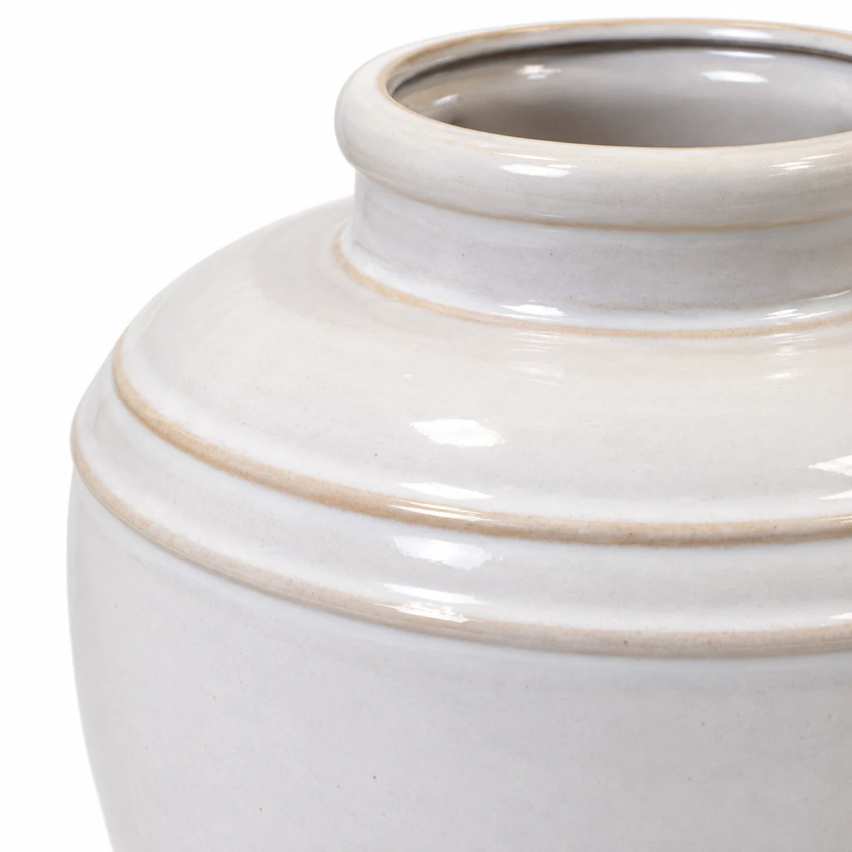 large white rustic ceramic vase, 19 × 19 × 21 cm, band detail, empty vase on white background