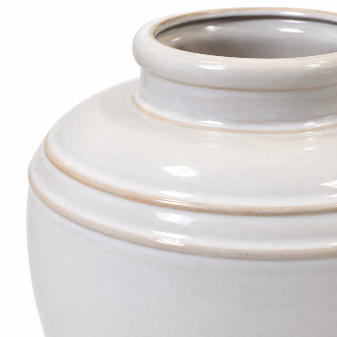 large white rustic ceramic vase, 19 × 19 × 21 cm, band detail, empty vase on white background