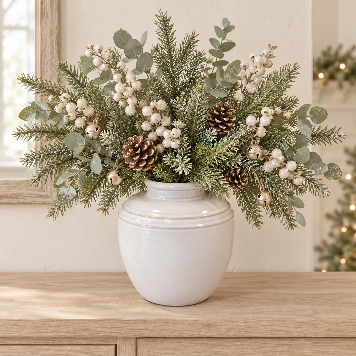 large white rustic ceramic vase, 19 × 19 × 21 cm, console with neutral foliage, white berries, champagne bells and pine cones