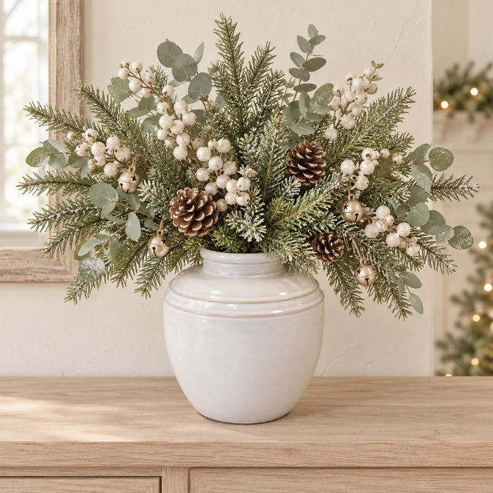 large white rustic ceramic vase, 19 × 19 × 21 cm, console with neutral foliage, white berries, champagne bells and pine cones