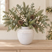 large white rustic ceramic vase, 19 × 19 × 21 cm, console with neutral foliage, white berries, champagne bells and pine cones