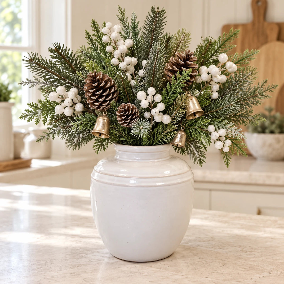 large white rustic ceramic vase, 19 × 19 × 21 cm, kitchen with neutral foliage, white berries, champagne bells and pine cones